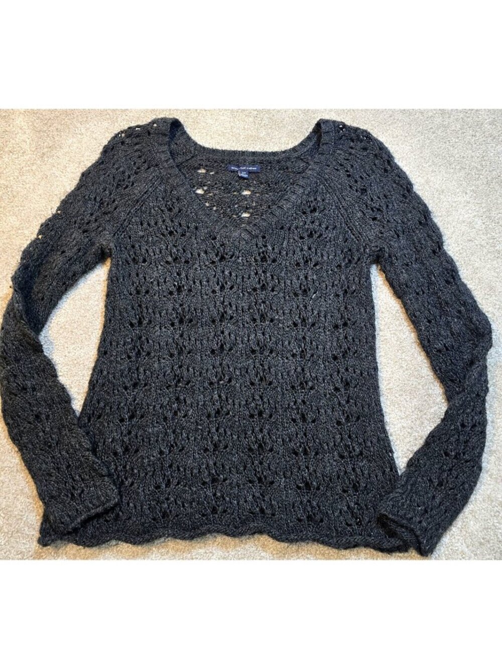 American Eagle Wool Blend Sweater Open Knit Crochet Pullover Dark Gray Women's S